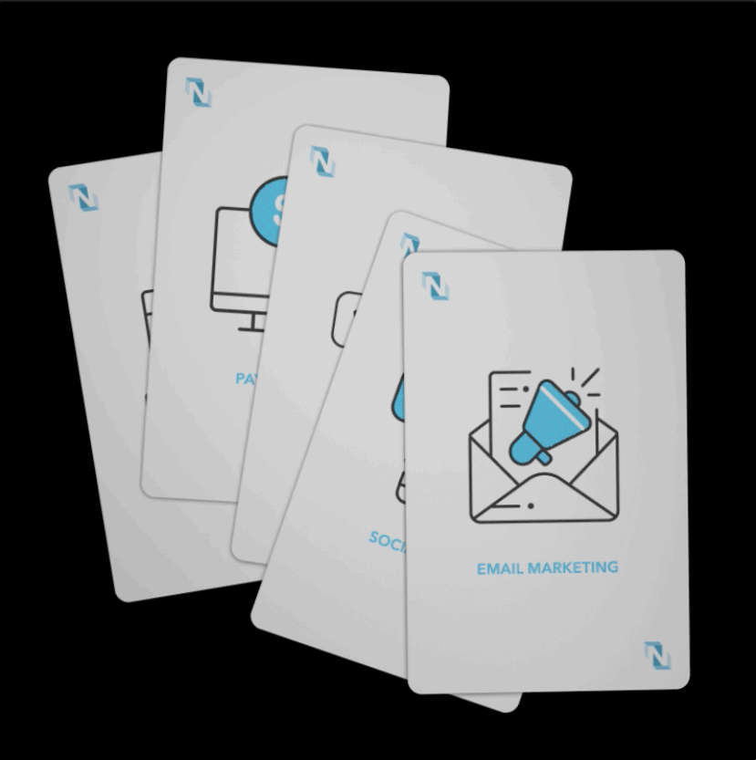 Five marketing-themed cards fanned out, each showing digital service icons like email marketing