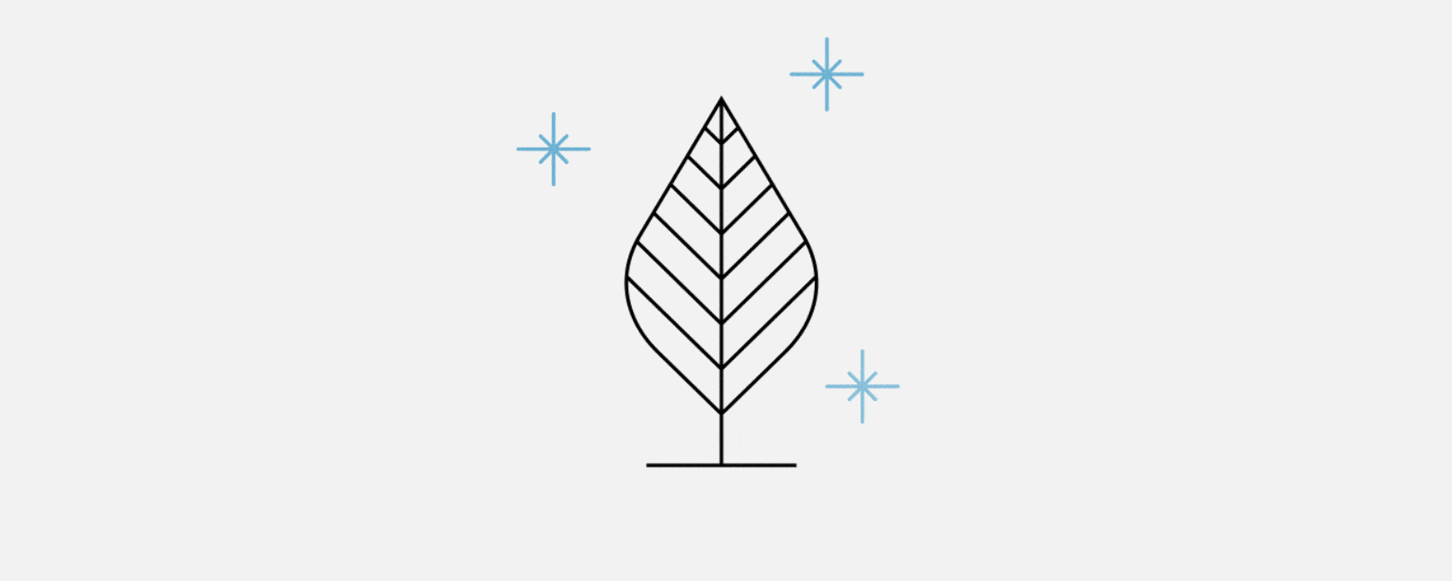 Minimalist animated leaf graphic with sparkling blue stars on a white background