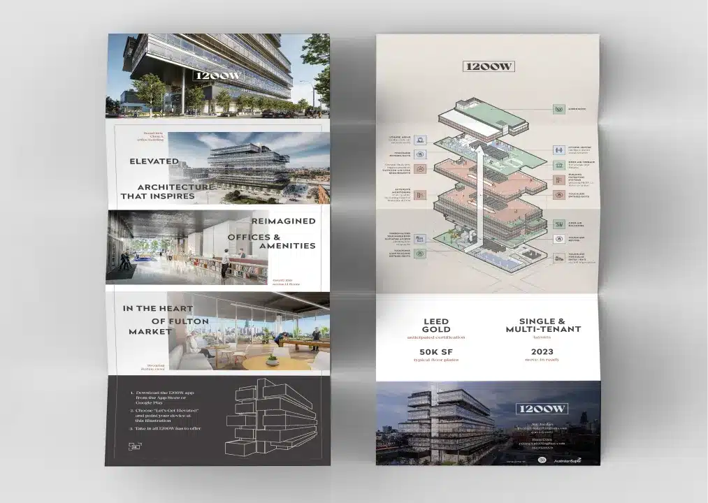 Modern architectural marketing brochure featuring building renderings and a vertical layout