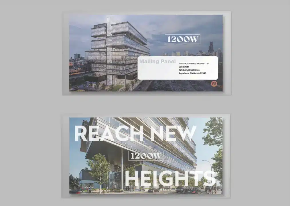 Real estate direct mailer with a modern office building and bold branding elements