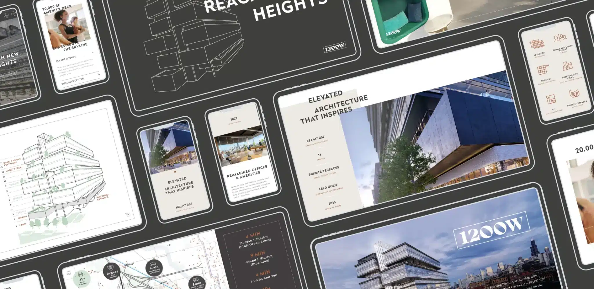 Digital brand showcase featuring architectural visuals, floor plans, and promotional designs