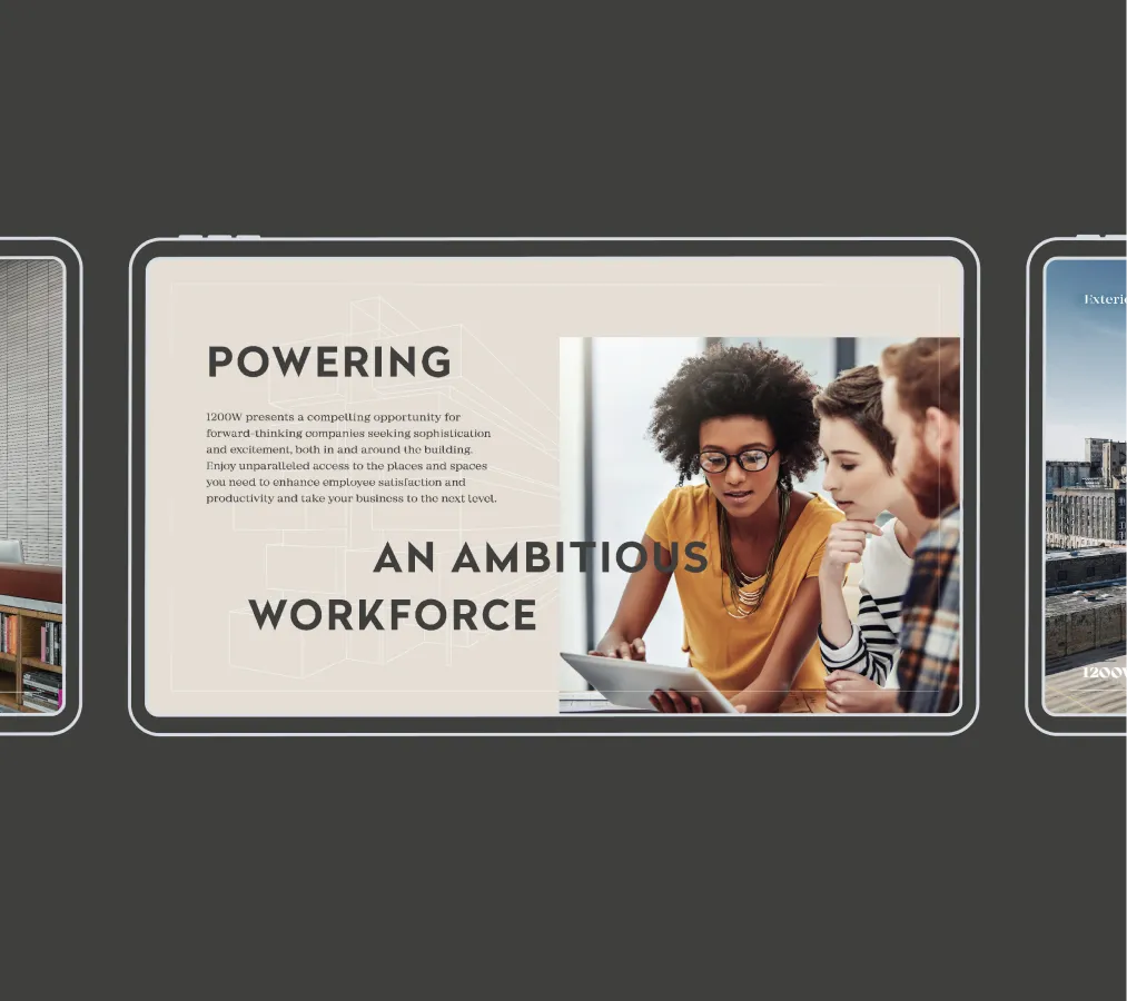 Business website showcasing modern office spaces, leasing details, and employee engagement