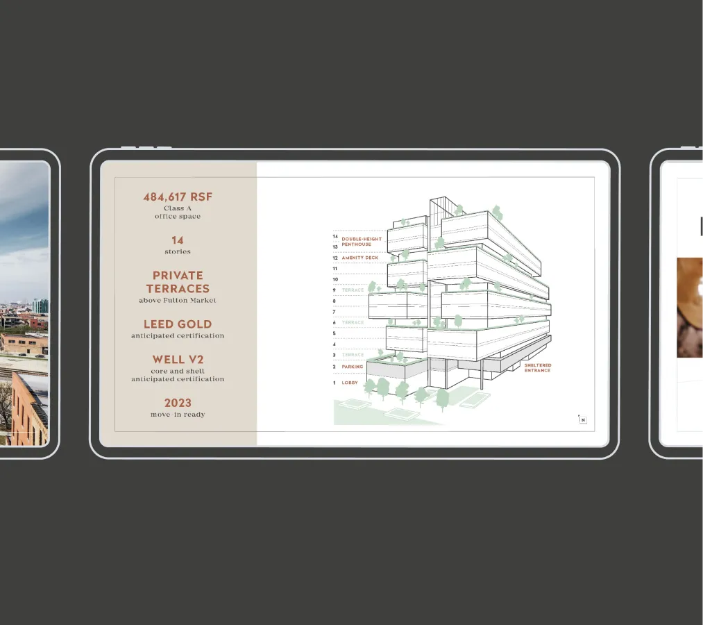 Commercial real estate website displaying building highlights and leasing information