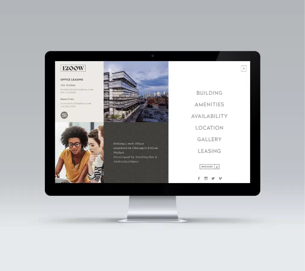 Office leasing website with architectural visuals and contact details for prospective tenants