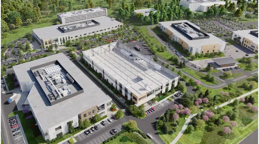 Advanced 3D architectural rendering of a biotech campus with office buildings and parking areas