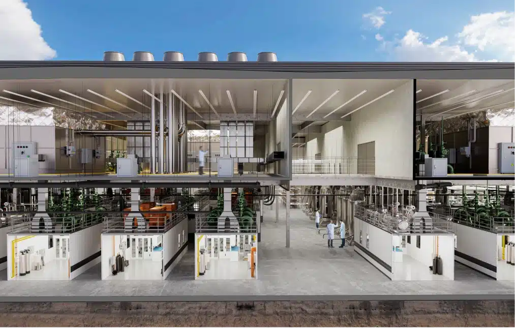 Cross-section of a biotech manufacturing facility displaying laboratories, industrial equipment, and researchers
