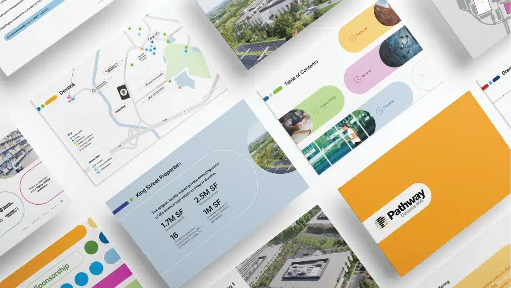 Marketing materials and branding assets for the Pathway biotech development project in Devens, MA