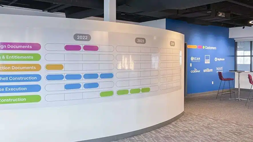 Office space with a curved project timeline wall displaying key biotech facility construction phases