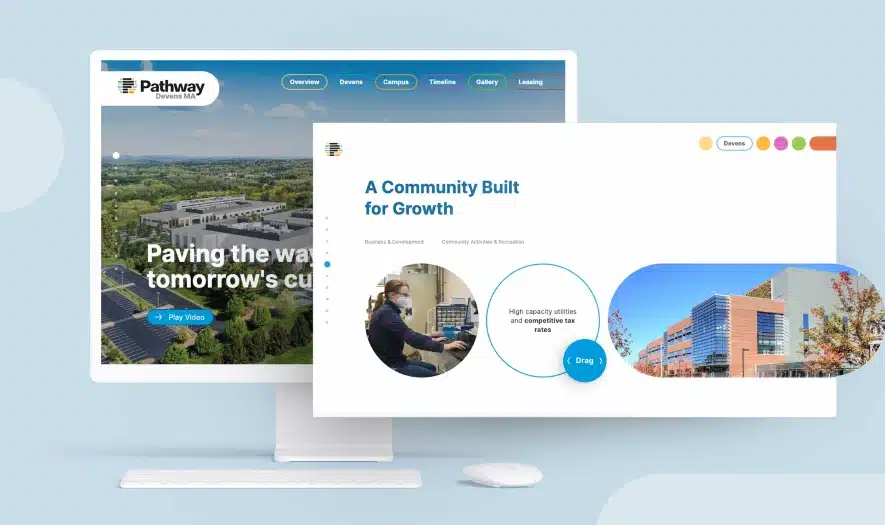 Website interface for Pathway biotech campus, featuring project details and interactive elements