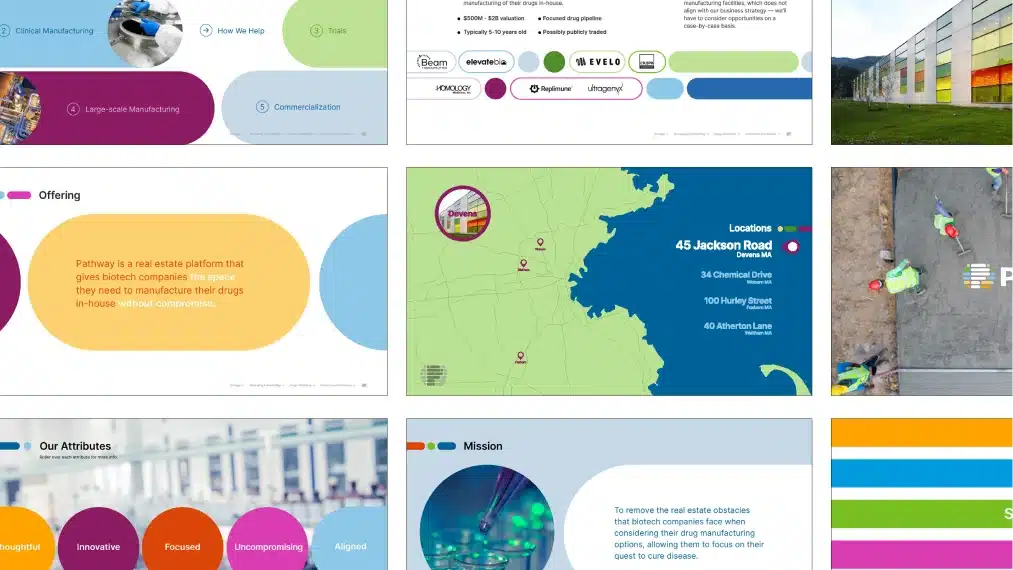 Pathway branding materials featuring project details, locations, and biotech campus highlights
