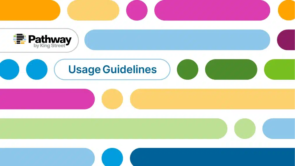 Pathway brand usage guidelines featuring colorful design elements and logo placements
