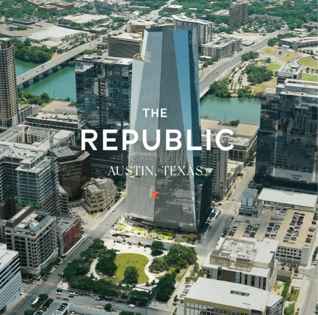 Aerial view of The Republic skyscraper in downtown Austin, Texas, with cityscape in background