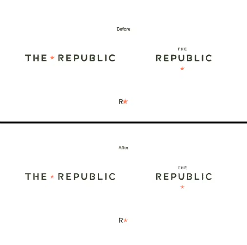 Minimalist brand evolution for The Republic Austin, showcasing logo refinements and typographic adjustments