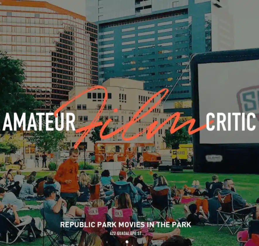 Outdoor movie screening in downtown Austin, with Amateur Film Critic branding for The Republic