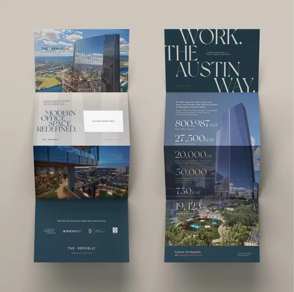 Fold-out brochure showcasing The Republic’s modern office space and amenities in downtown Austin