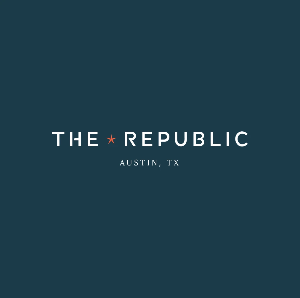 Minimalist logo design for The Republic Austin on a dark blue background with the signature red star