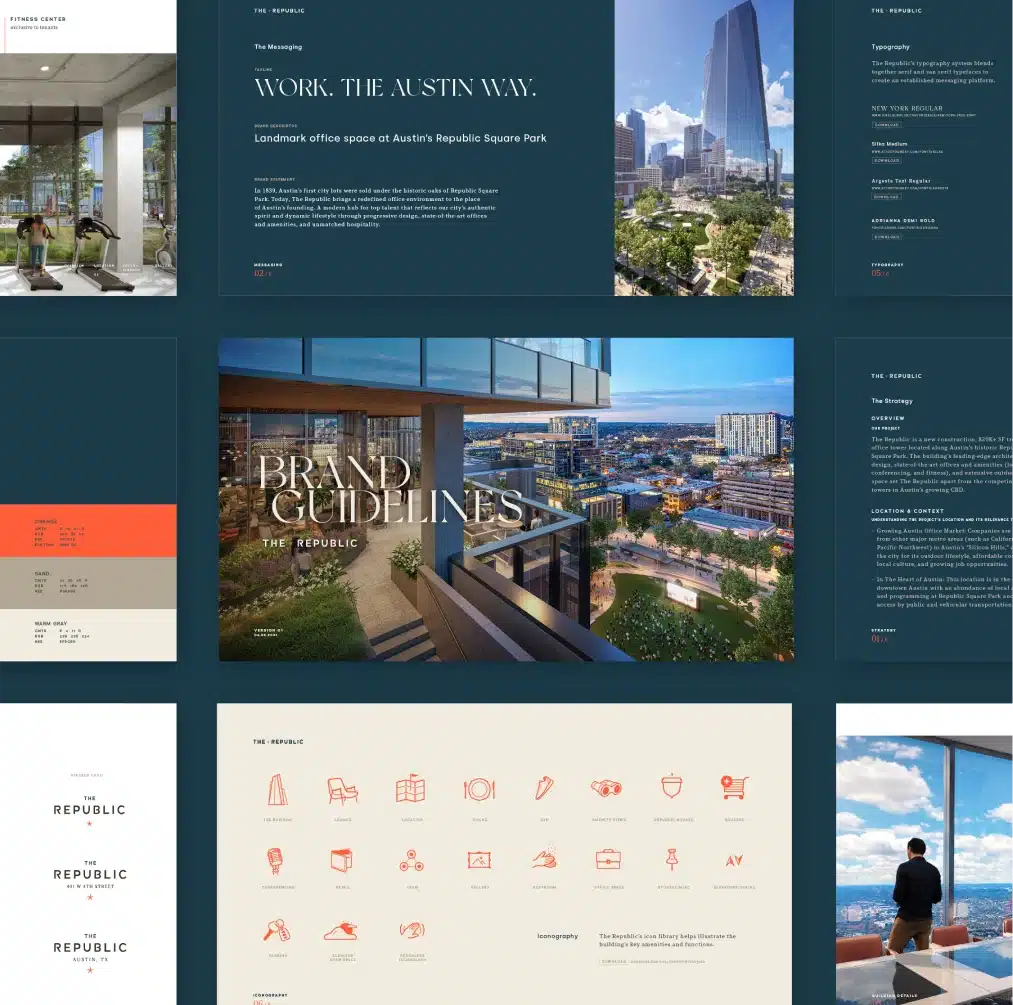 Collection of branding materials and office visuals for The Republic Austin's marketing campaign