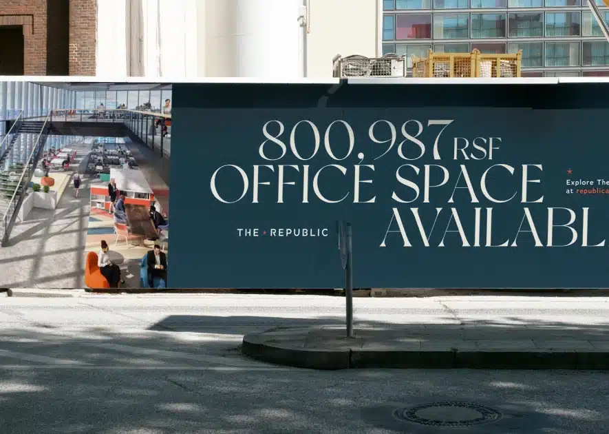 Large advertisement for The Republic Austin, highlighting 800,987 RSF office space availability