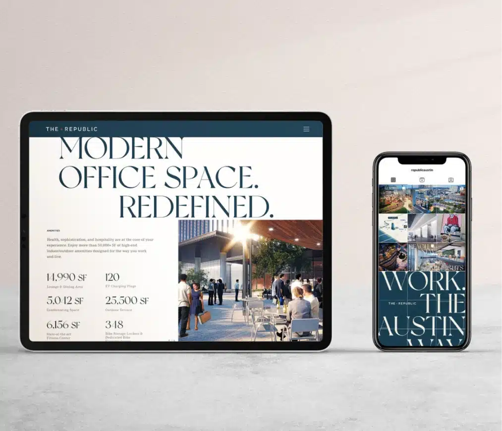 Tablet and smartphone displaying The Republic Austin’s website and its real estate offerings