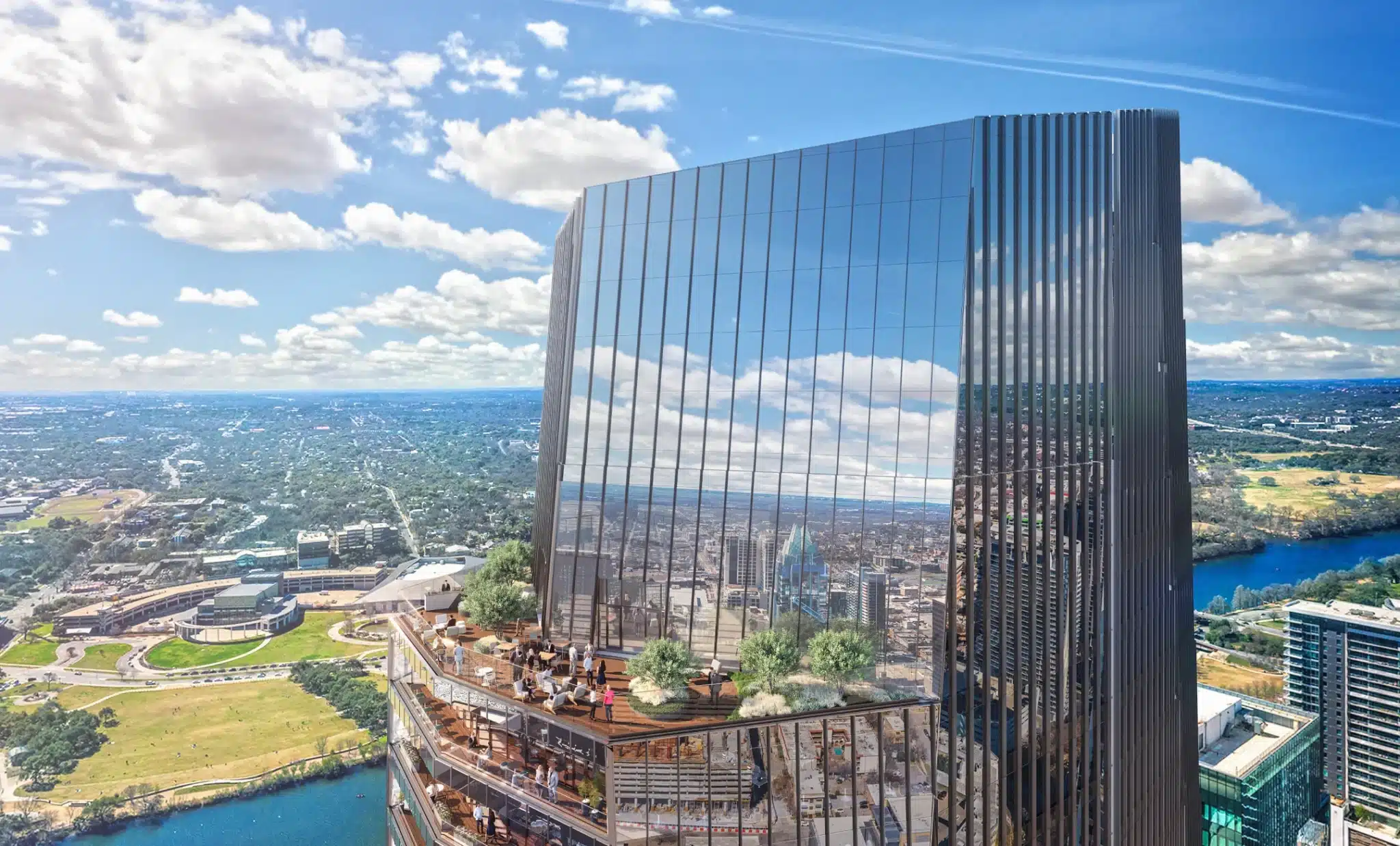 Architectural rendering of The Republic, showcasing its rooftop terraces and panoramic city views