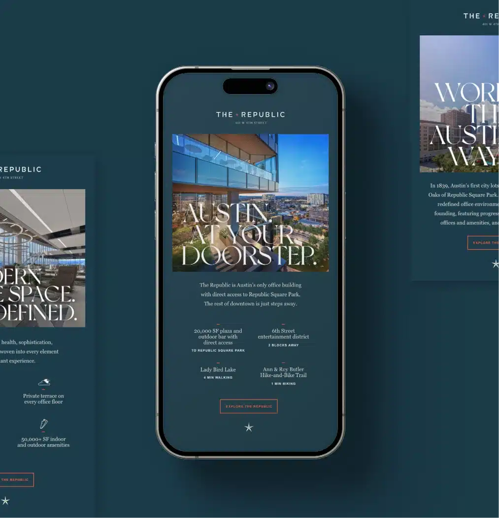Mobile-friendly website displaying The Republic Austin's office space offerings and prime location