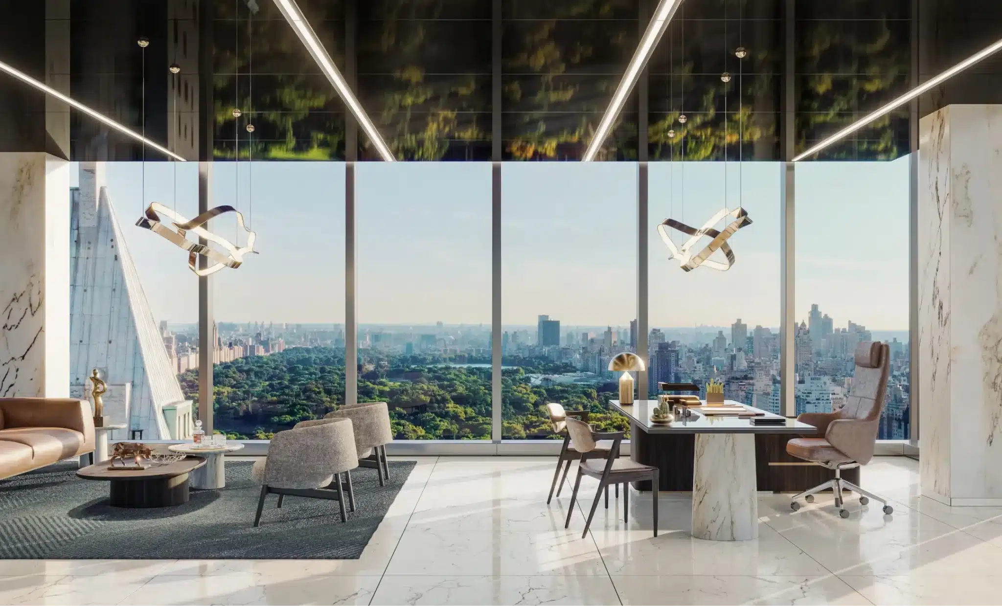 Luxury high-rise office interior with marble flooring, modern furniture, and a breathtaking view