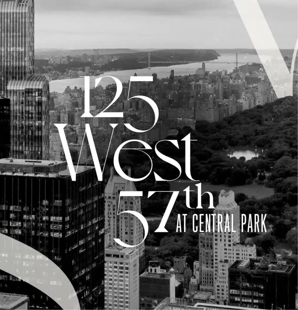 Black and white branding image featuring '125 West 57th' typography over a Central Park view