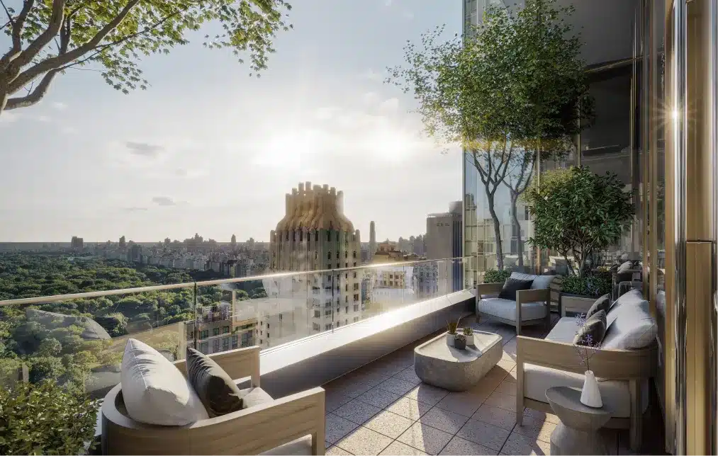 High-end commercial property featuring a private balcony with modern seating and greenery