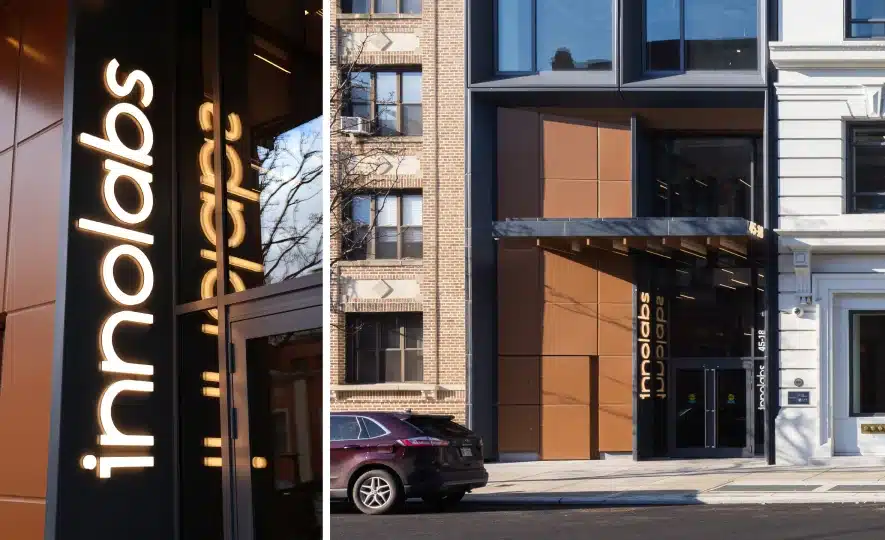 Street view of Innolabs building featuring contemporary architecture and bold exterior branding