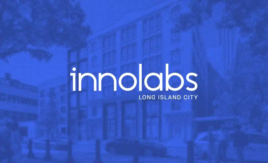 Blue-toned promotional graphic showcasing the innolabs logo with Long Island City branding