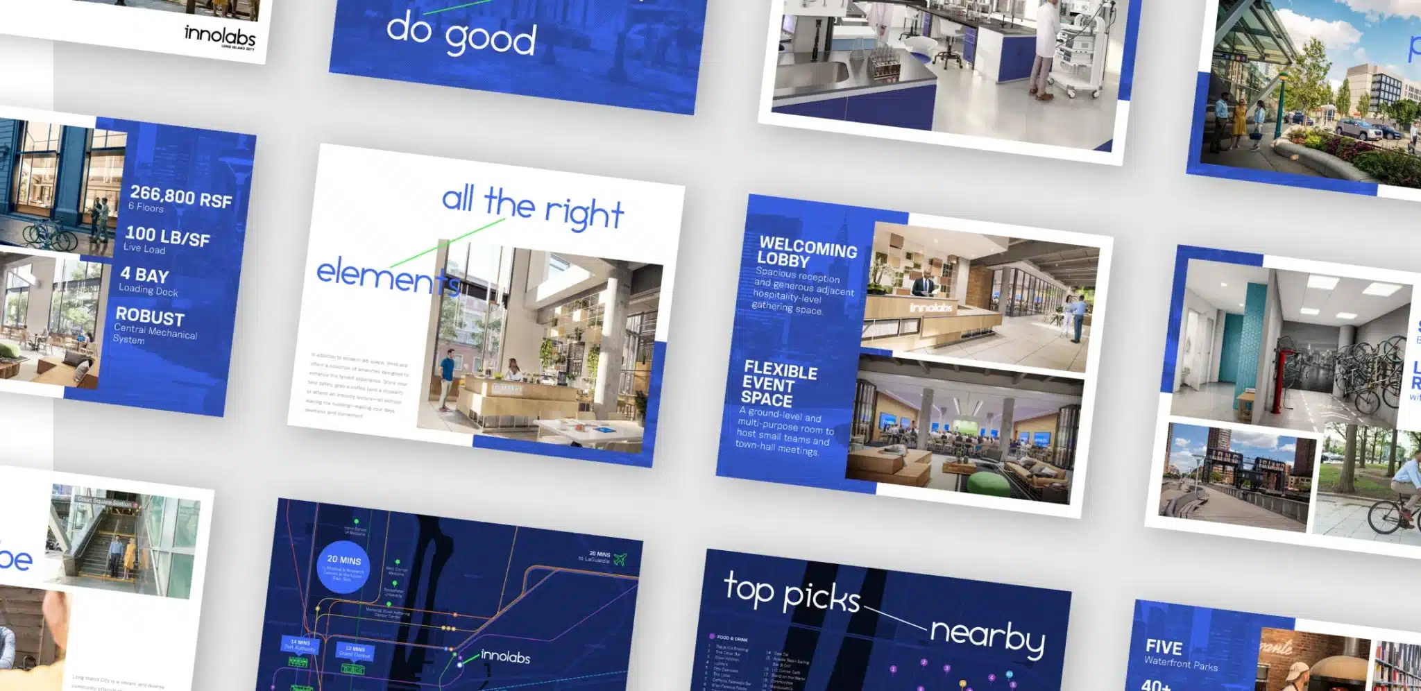 Collage of promotional materials showcasing Innolabs’ features, amenities, and workspace highlights