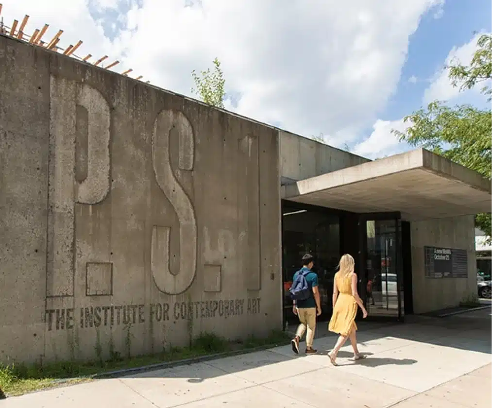 Visitors entering the contemporary art museum, P.S.1, on a sunny afternoon