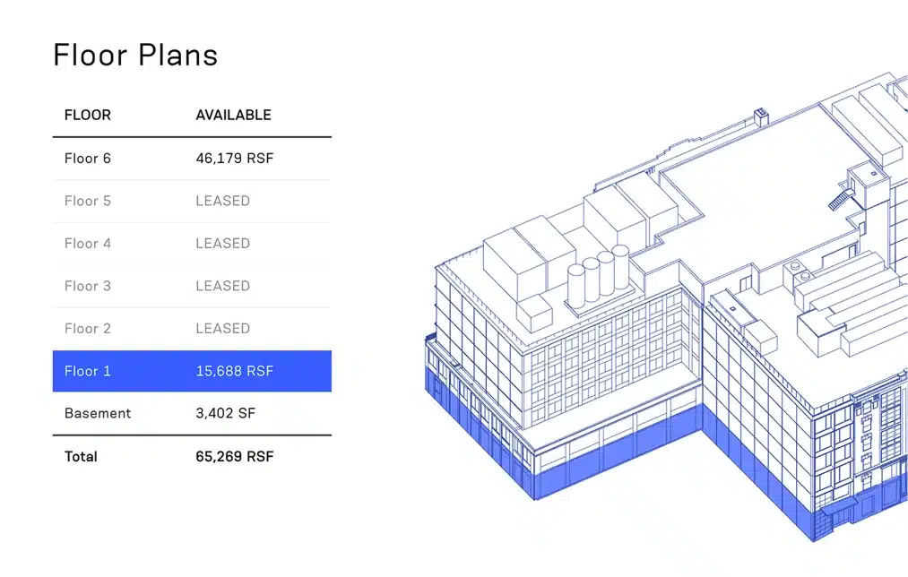Website interactive floor plan displaying leased and available office space at Innolabs
