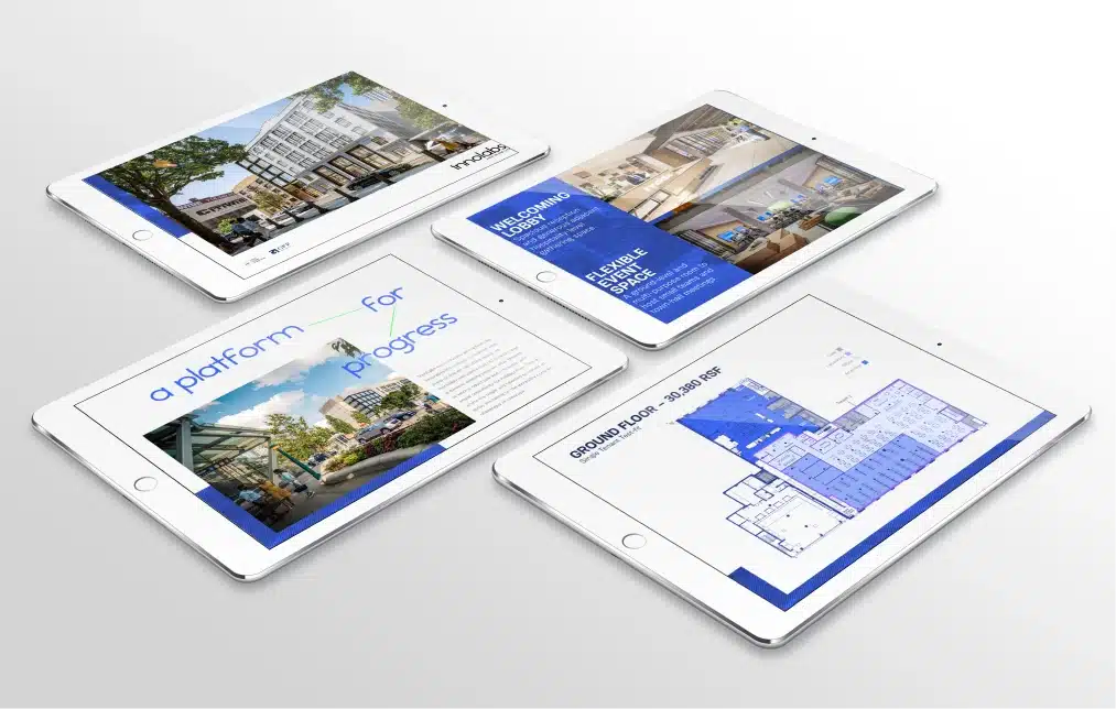 Set of tablets displaying Innolabs' digital marketing materials and property details