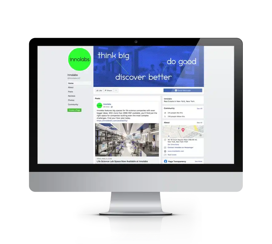 Desktop computer displaying Innolabs' Facebook page with brand messaging
