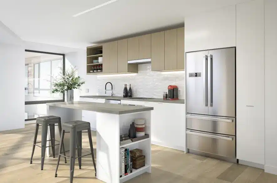 Sleek modern kitchen with wood cabinetry, stainless steel appliances, and a central island