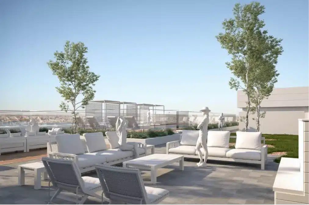 Architectural visualization of an outdoor entertainment space with stylish furnishings