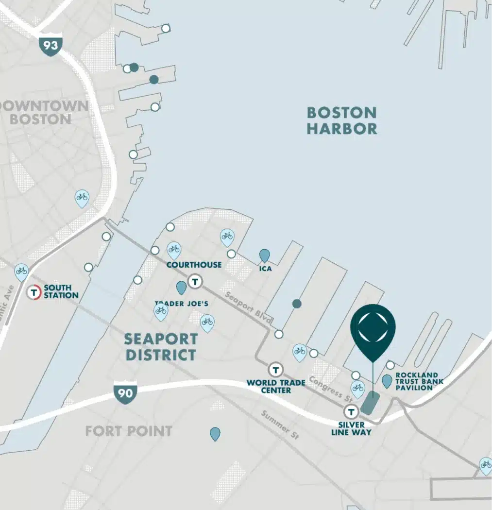 Ora Seaport map showing Boston Harbor and surrounding areas with bike paths and transit stations