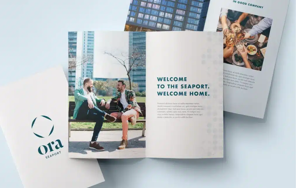 Ora Seaport promotional brochure with inviting lifestyle imagery and waterfront living details