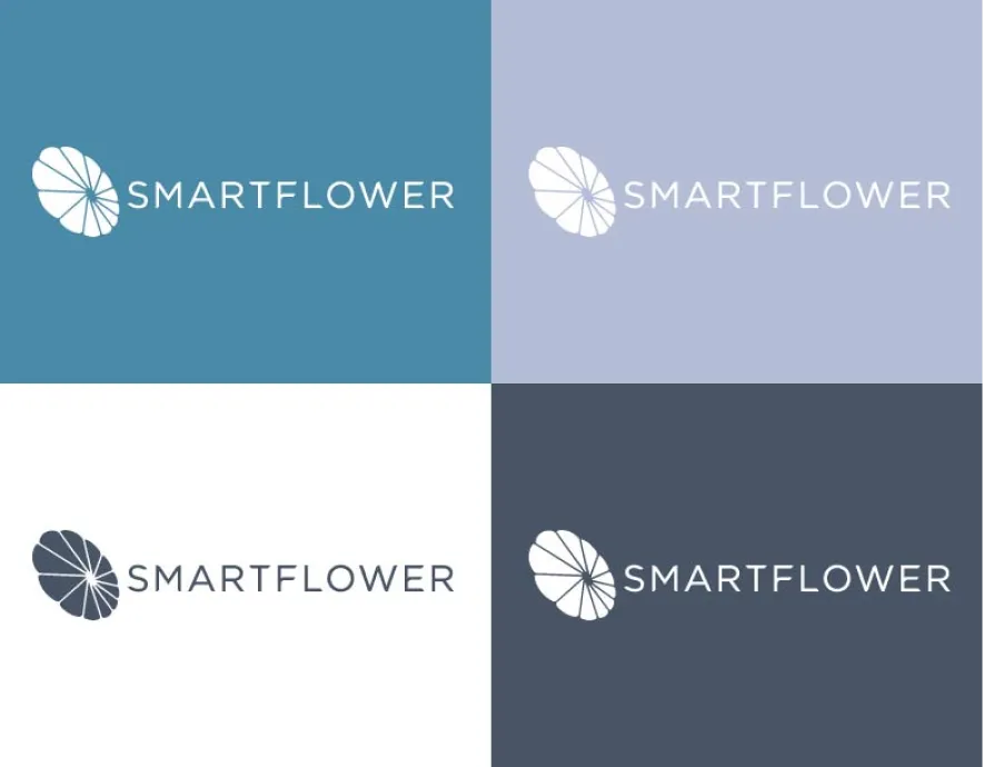 SmartFlower branding with four logo designs showcasing different color backgrounds for renewable energy marketing