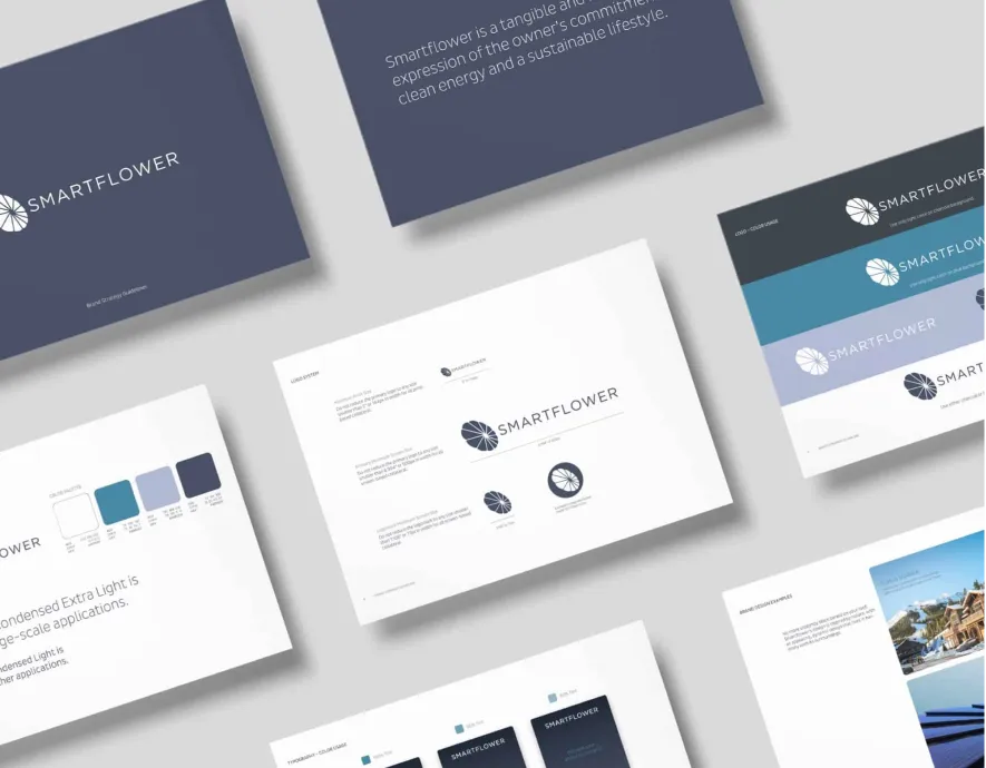 SmartFlower brand identity presentation with logo usage guidelines, typography, and color scheme for solar branding