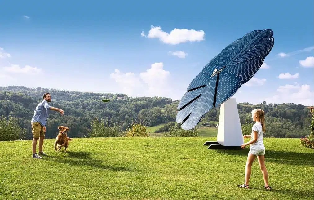 Family enjoying outdoor time near SmartFlower solar panel, a sustainable energy solution with a modern design