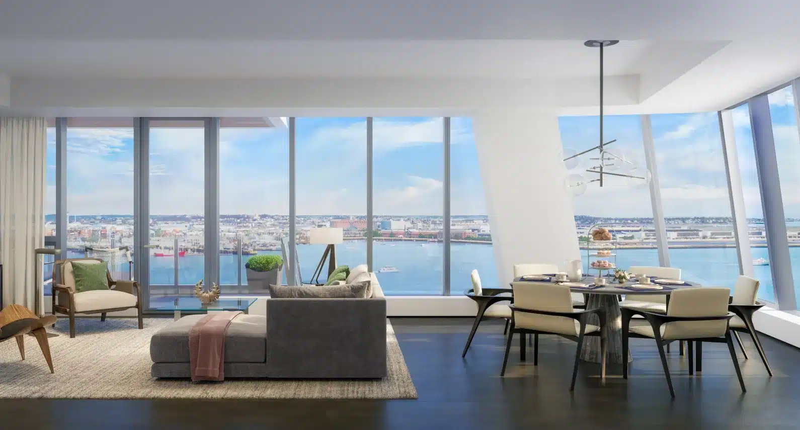 Luxury waterfront apartment with panoramic views, floor-to-ceiling windows, and stylish furnishings