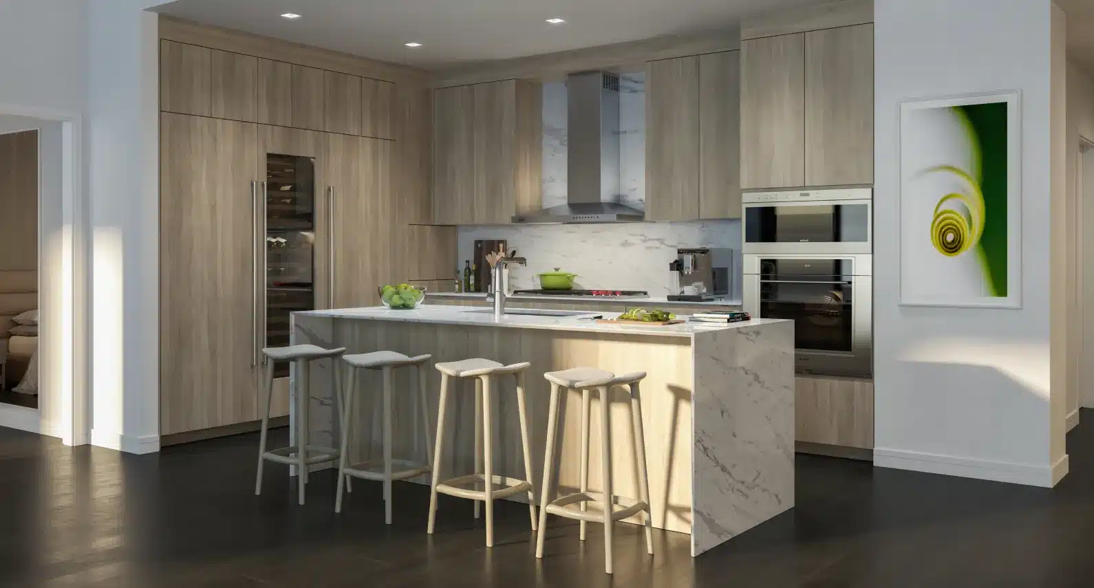 Contemporary kitchen with marble countertops, modern appliances, and stylish bar stools