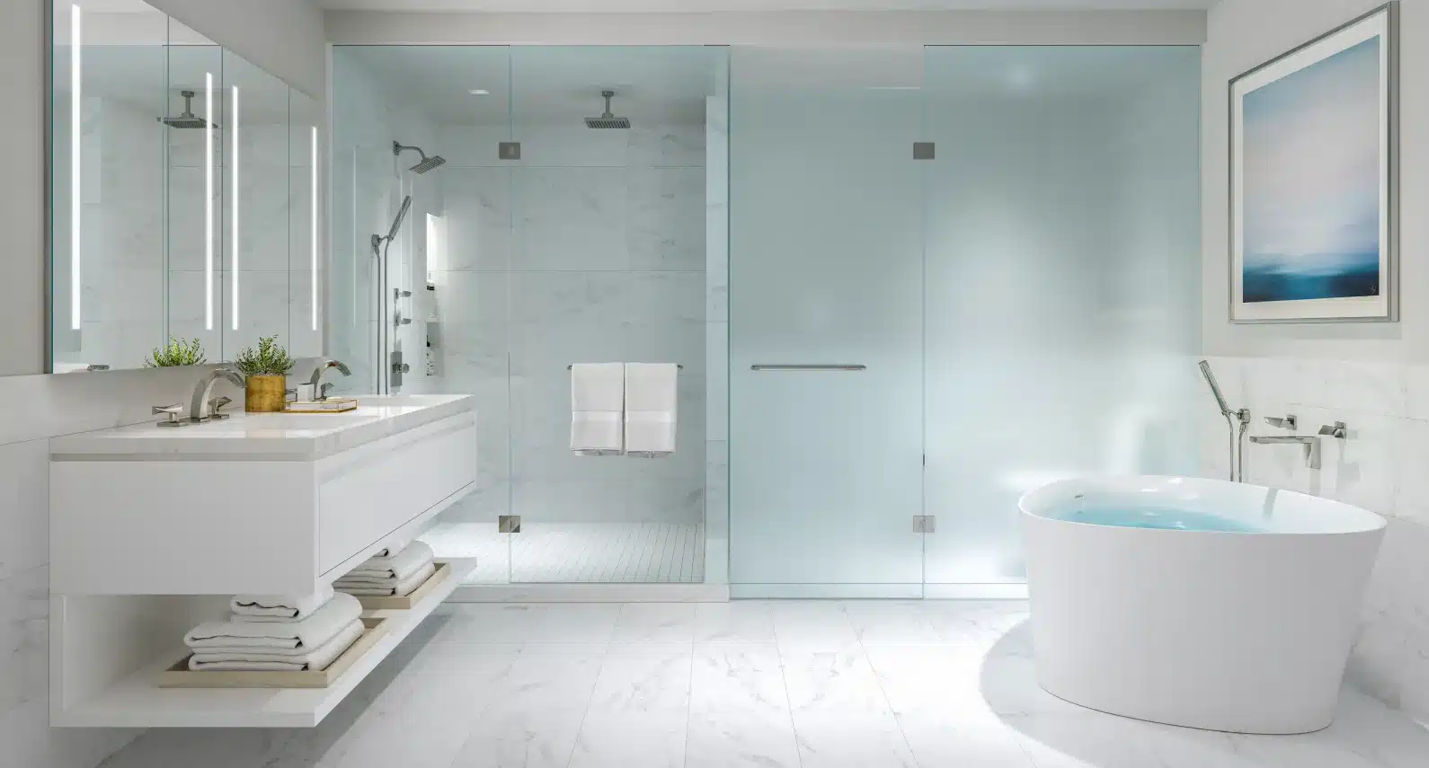 Minimalist luxury bathroom with glass shower, freestanding bathtub, and marble walls