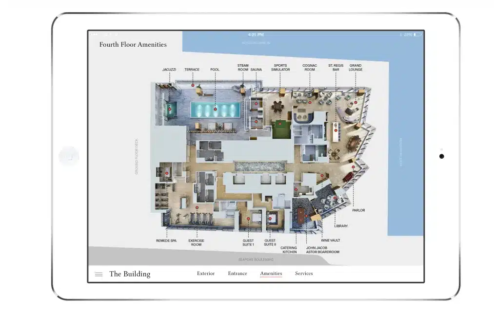 Interactive digital floor plan of St. Regis Residences' fourth-floor amenities on a tablet screen