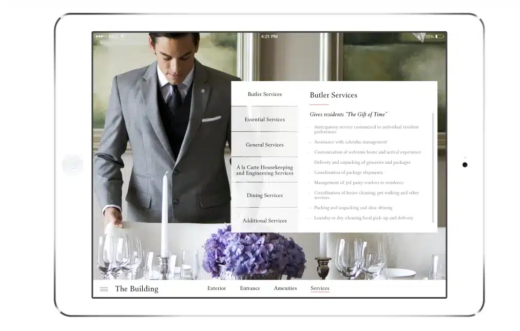 Butler service options displayed on a tablet, showcasing luxury concierge services at St. Regis