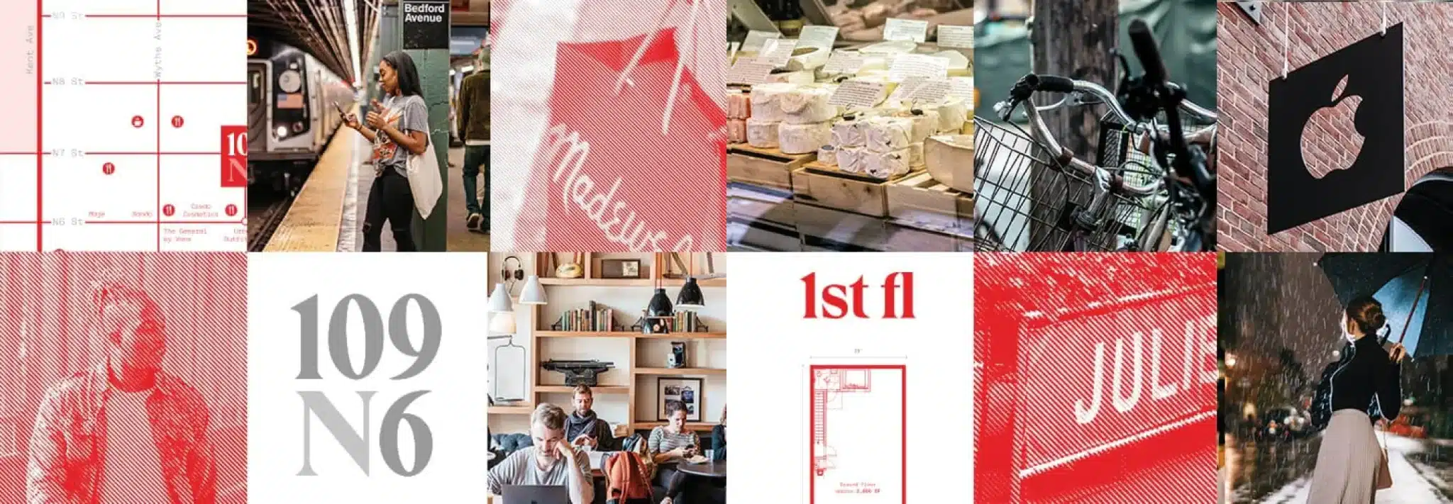 Collage of images showcasing the branding elements and neighborhood of 109 N6 real estate