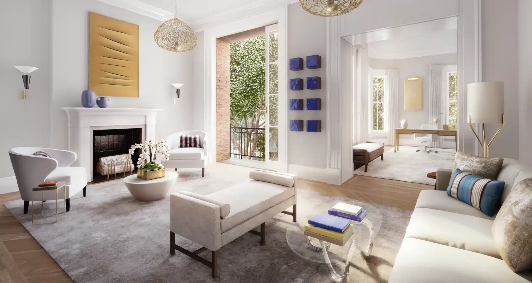 Elegant living room with modern decor, neutral tones, and natural light from French doors