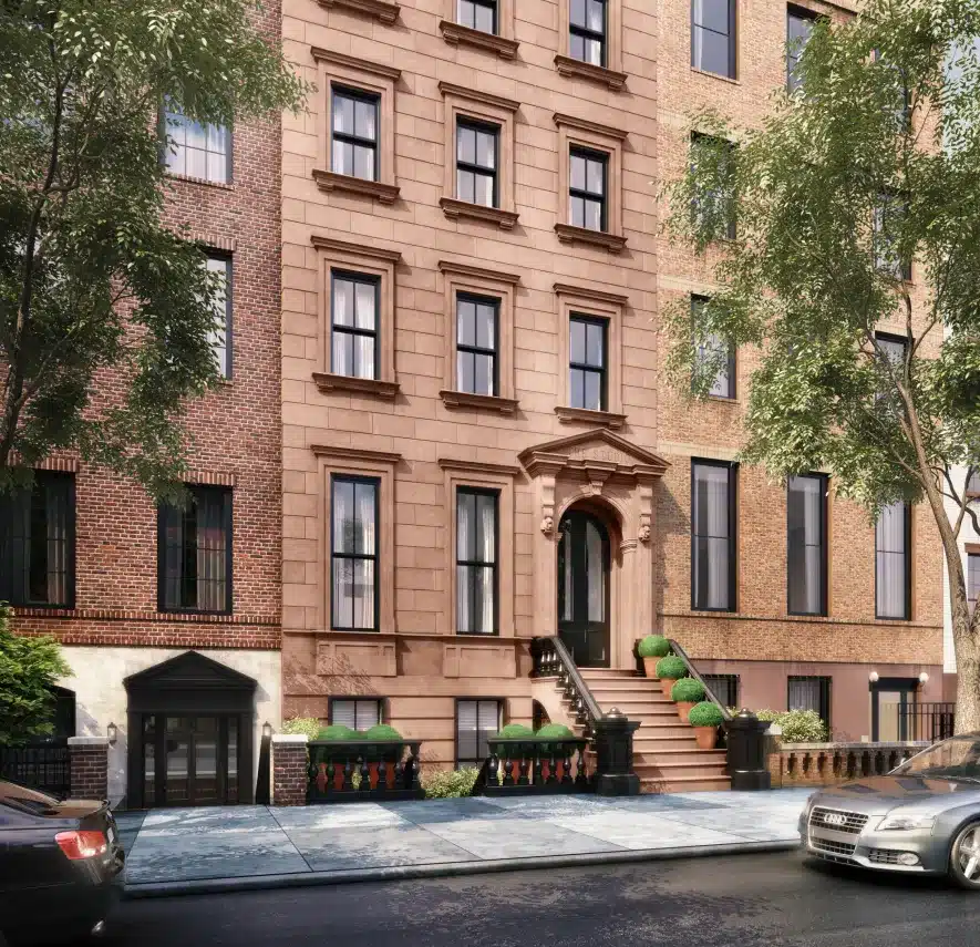 Elegant brownstone townhouse exterior with classic architecture, lush greenery, and a grand entrance